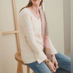 Chico's Pale Dogwood Cable Knit V-Neck Sweater Size L NWOT